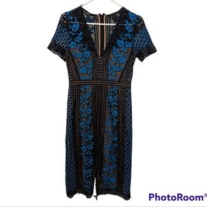 BCBG Max Azria Cinthya blue/black/nude floral lace sheath dress size 4